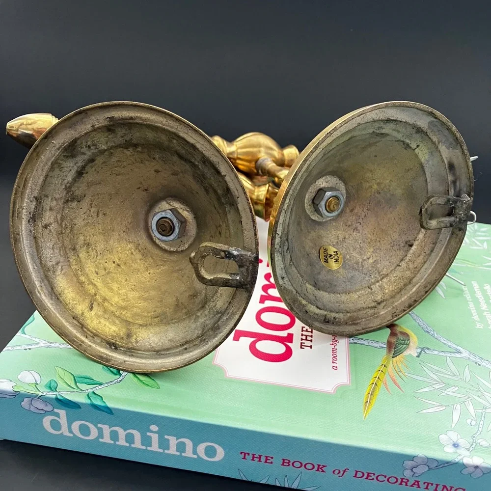 Vintage Brass Wall Sconces Pair Fluted Spindle Candle Holders Made in India 10